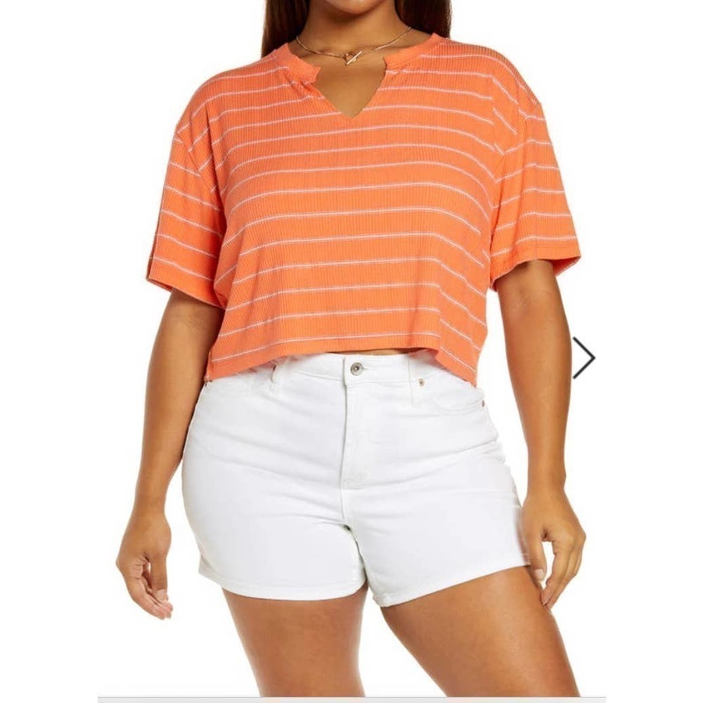 NWT BP. Deep-v Ribbed T-shirt In Coral Bella Stripe 2x